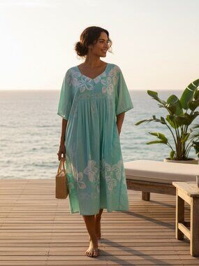 Anthony Richards Floral Muumuu Kaftan House Patio Dress 4X Blue & White 297C